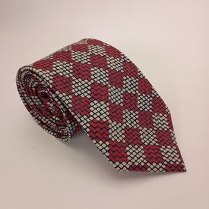 Unbranded Mens Tie 100% Thai Silk Checkered Red Grey Knitted Look